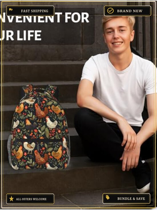 Vintage Floral Chicken Backpack for Women Girls Laptop Travel Camping Hiking main image 4